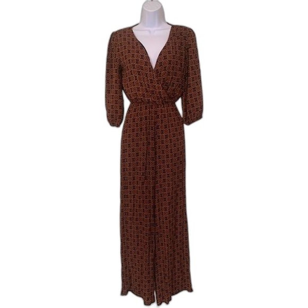 V Neck Jumpsuit Multicolor Boho Hippie Wide Leg Flare Geometric Pattern Size XS